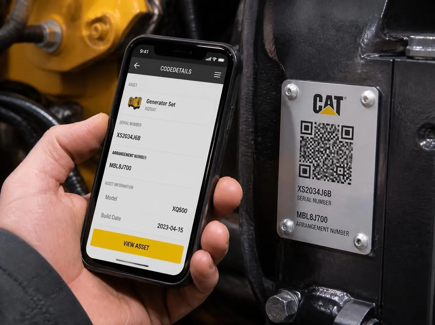 Technician scanning a metal QR asset tag on heavy equipment with a mobile phone