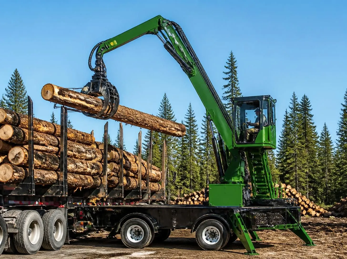 Knuckleboom log loader loading timber onto a logging truck at a forest landing site