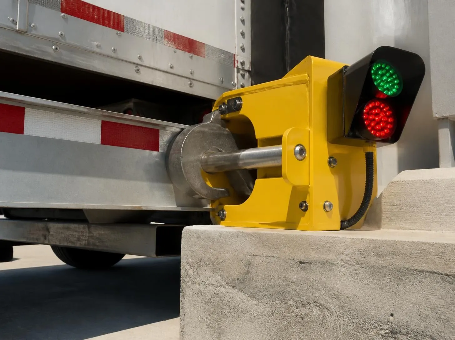 Vehicle restraint hook locked onto a semi-trailer at a loading dock bay
