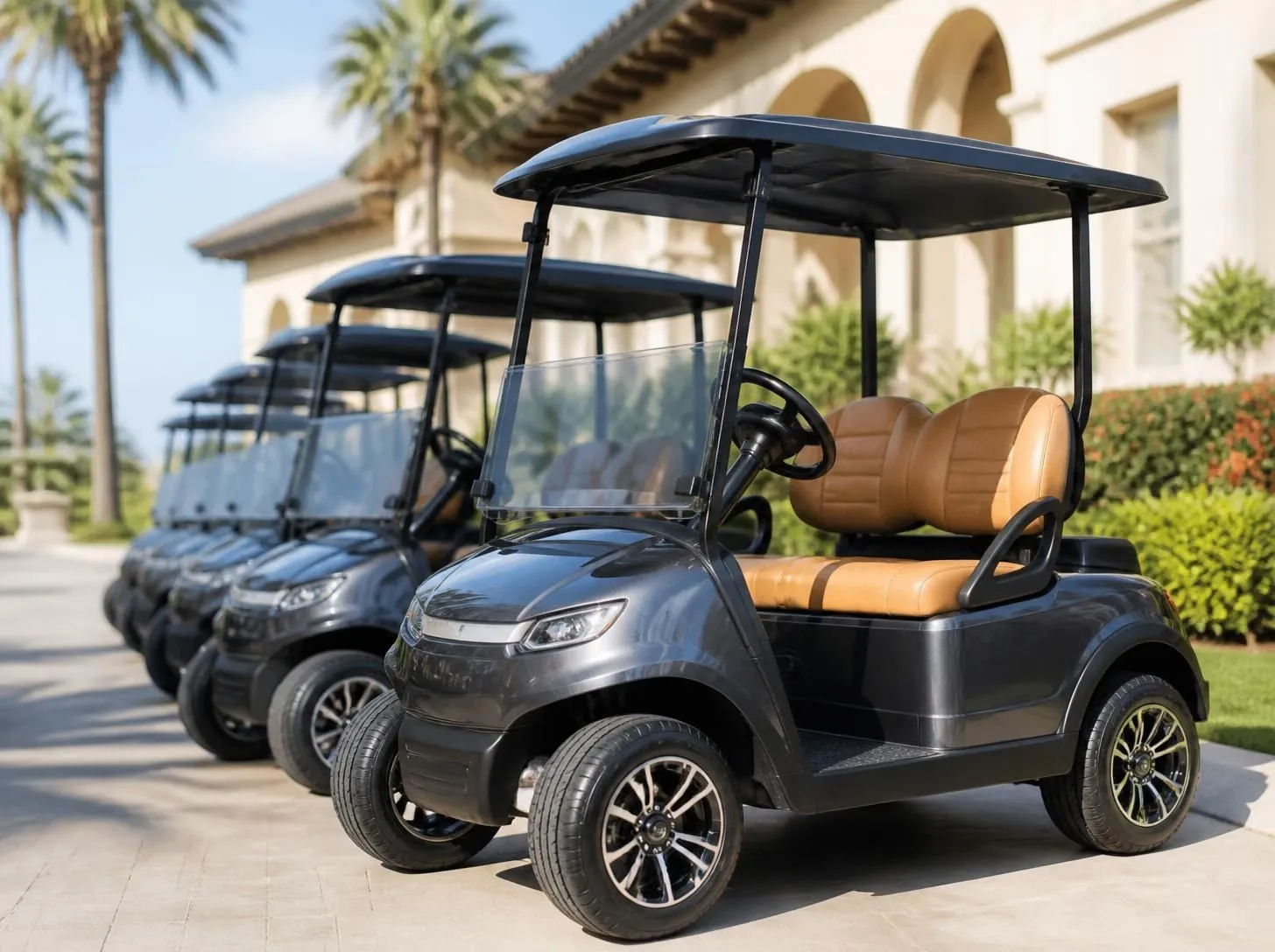 Fleet of golf carts lined up at a resort clubhouse