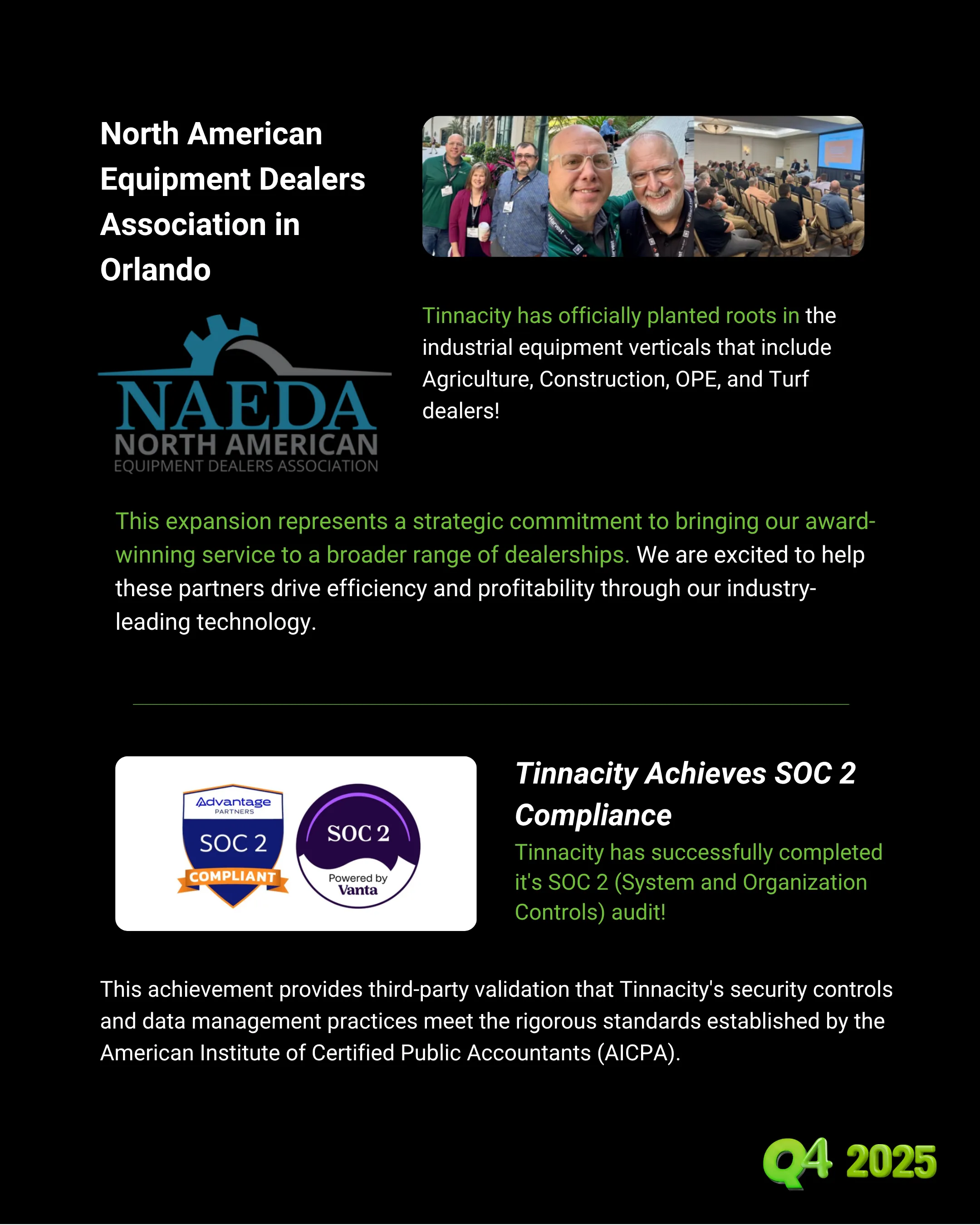 A page on the North American Equipment Dealers Association meeting in Orlando and the SOC 2 audit