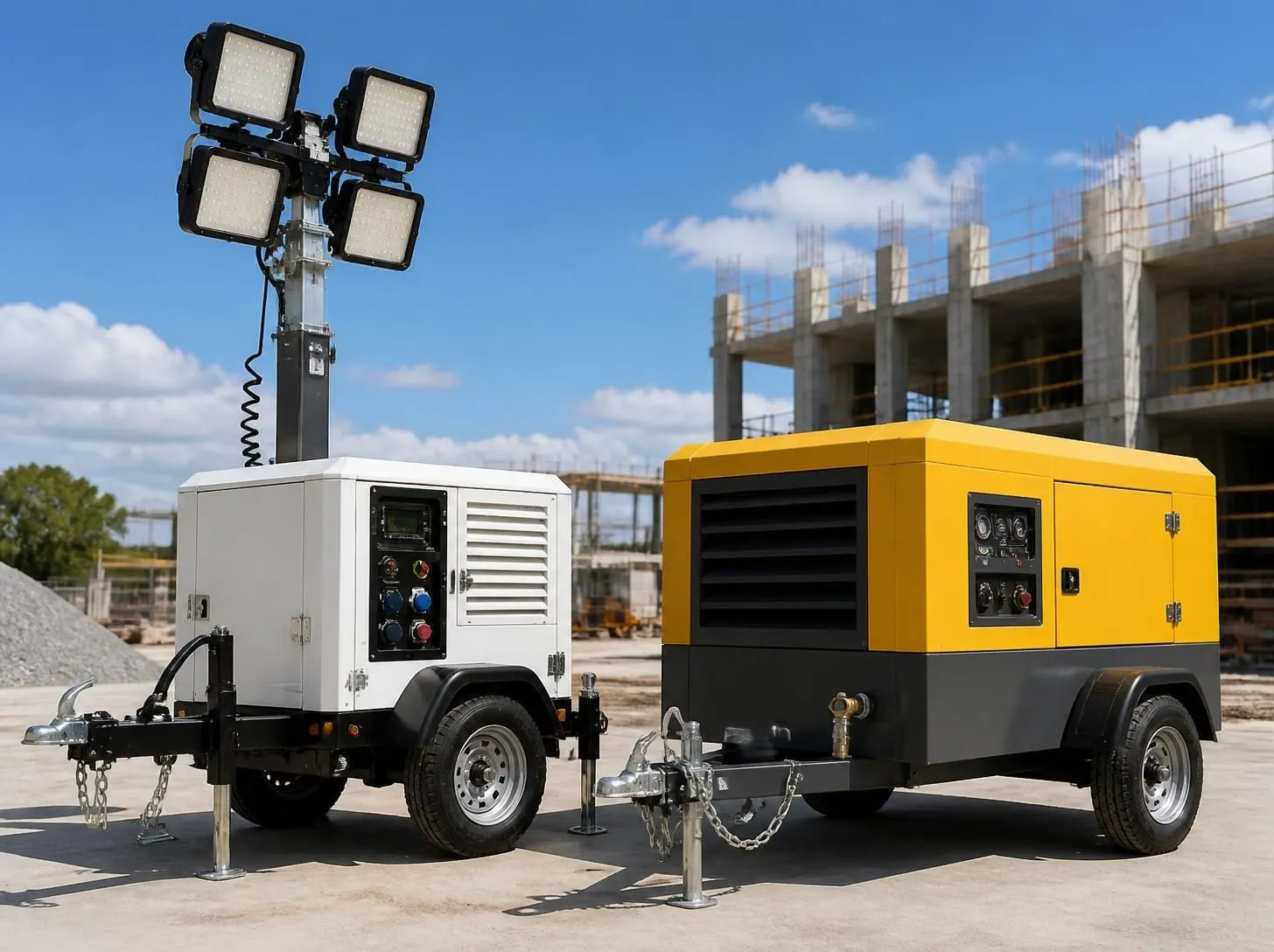 Light tower and air compressor rental units on a job site