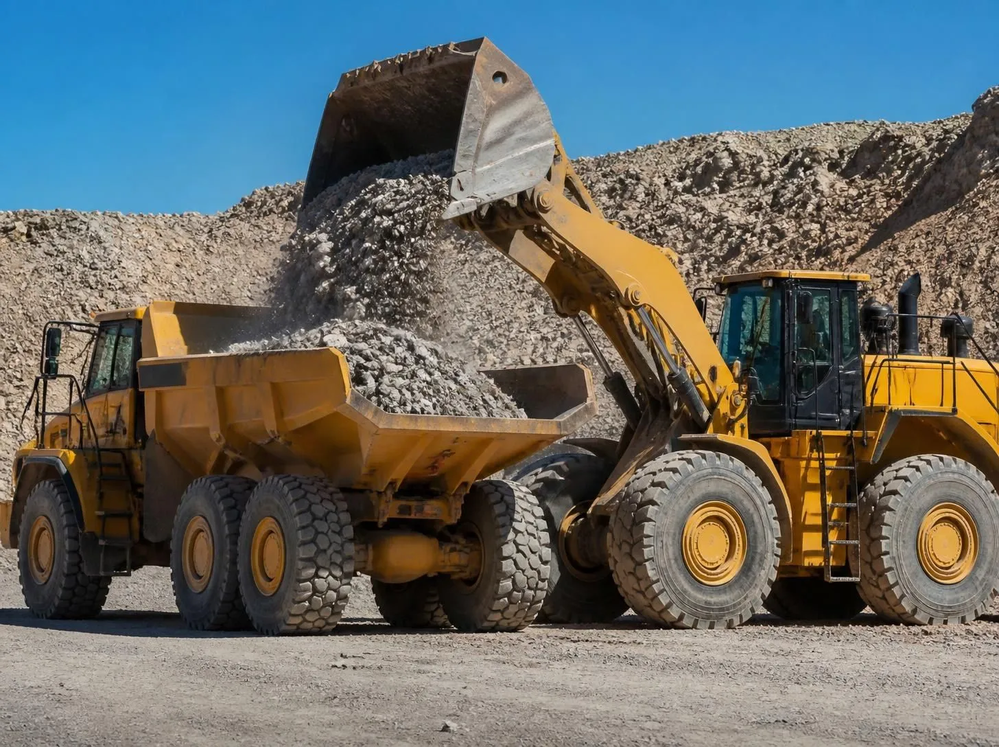 Articulated dump truck hauling in an open pit quarry