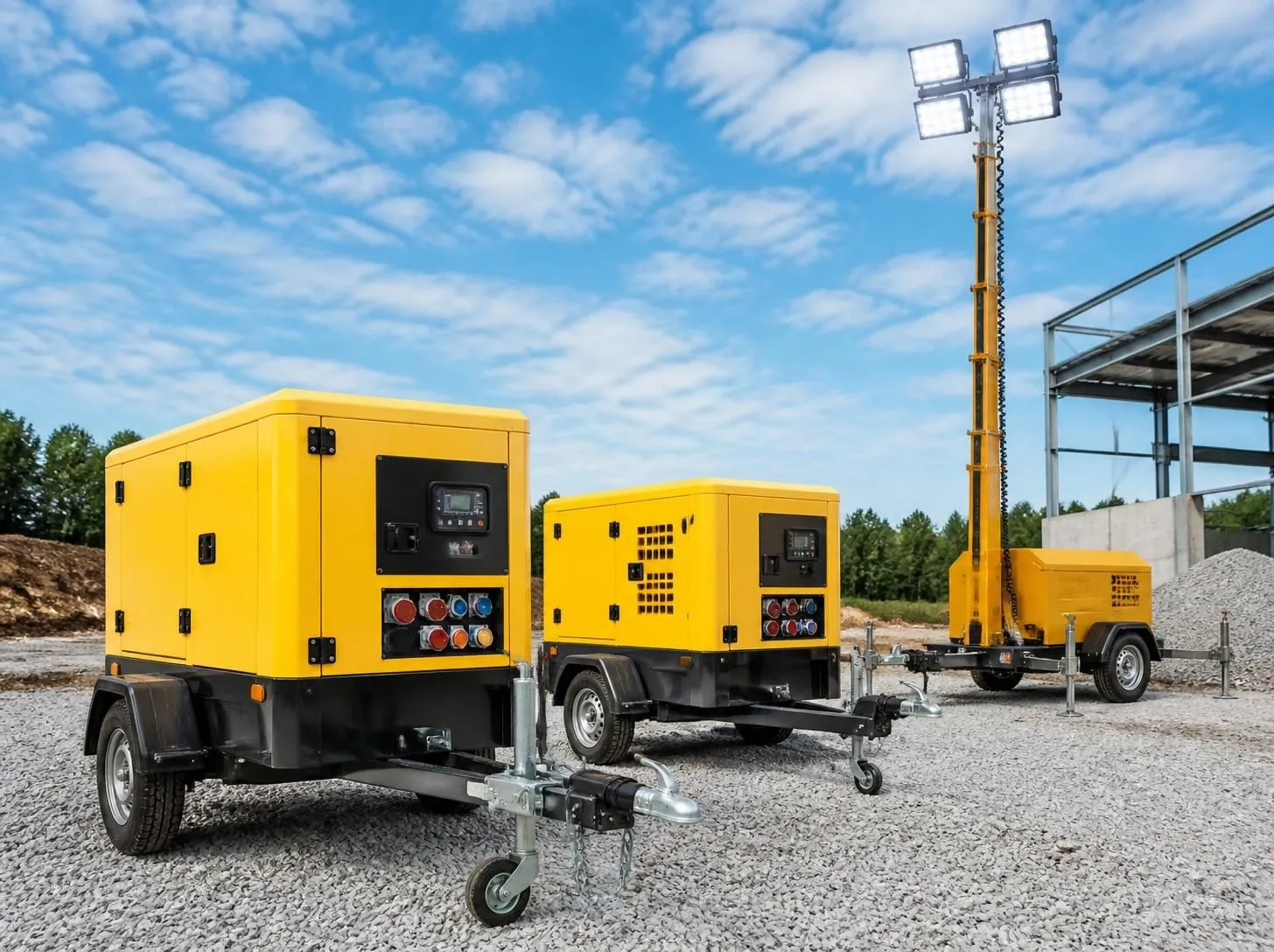 Towable mobile diesel generators and an LED light tower on a job site
