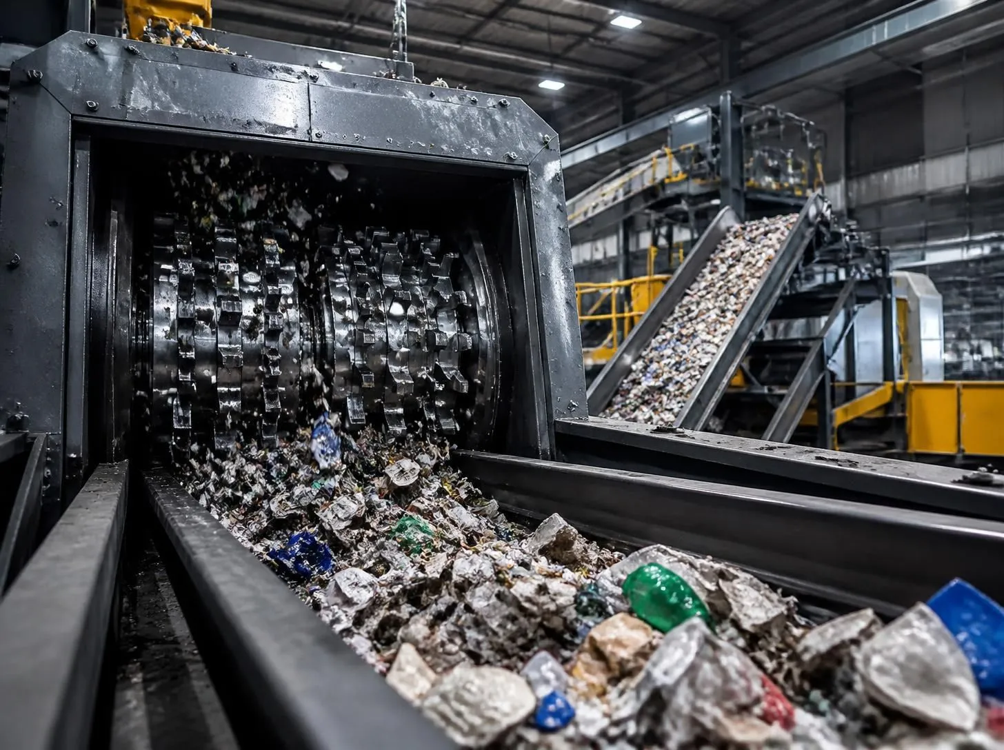 Twin-shaft industrial shredder and conveyor sorting recyclables inside a material recovery facility