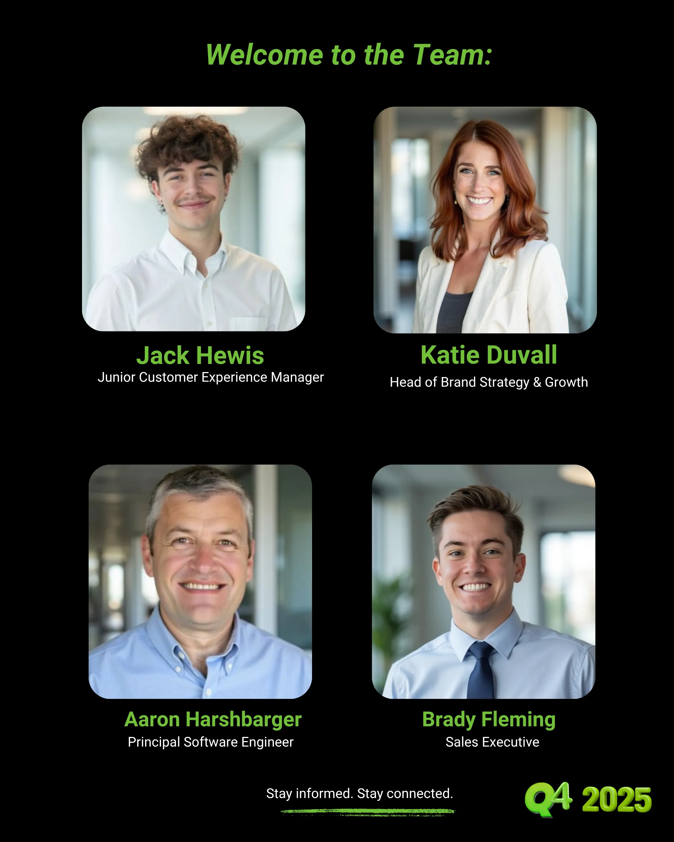 A page welcoming Jack Hewis, Katie Duvall, Aaron Harshbarger and Brady Fleming to the team