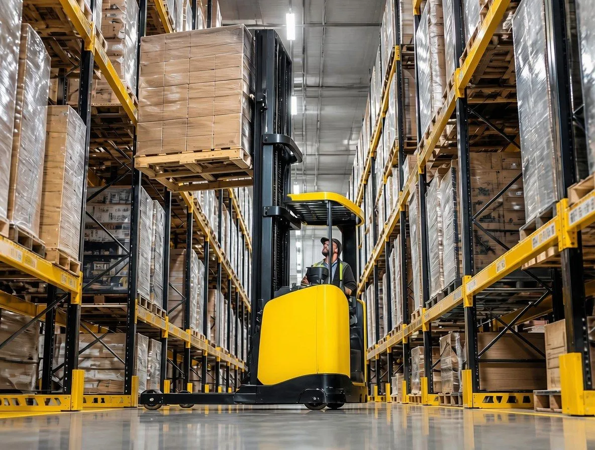 Reach truck operating in a narrow-aisle warehouse rack