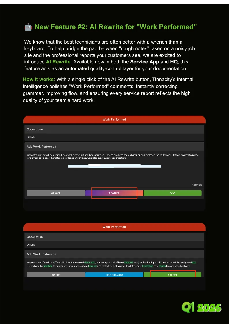 A page introducing AI Rewrite for Work Performed notes, with before and after screenshots