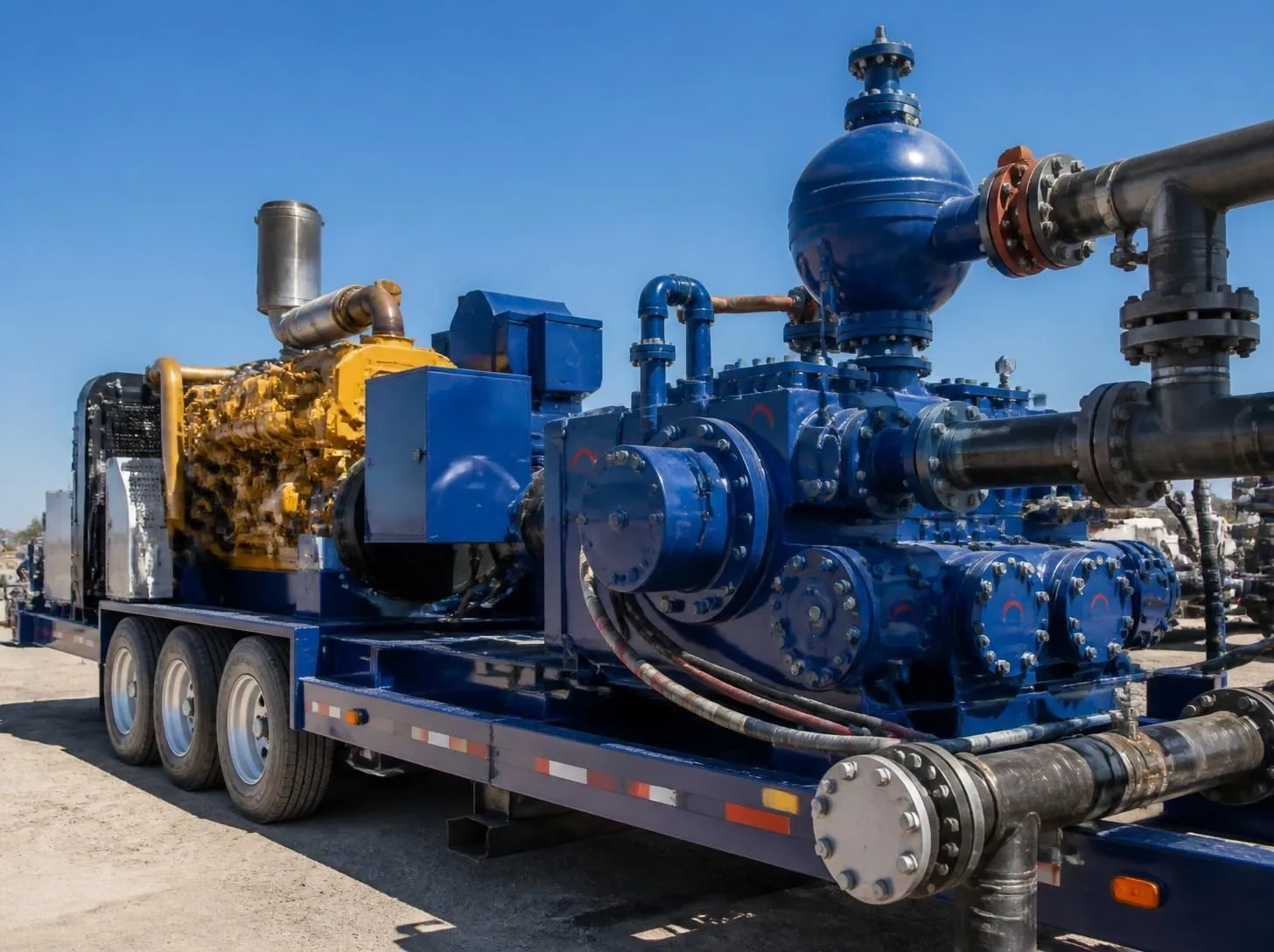 Hydraulic fracturing pressure pumping unit parked on a well pad