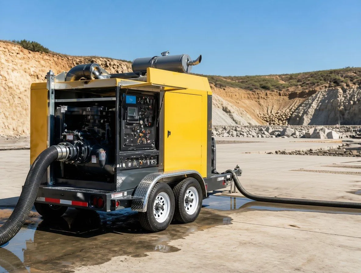 Trailer-mounted dewatering pump running at a mine site