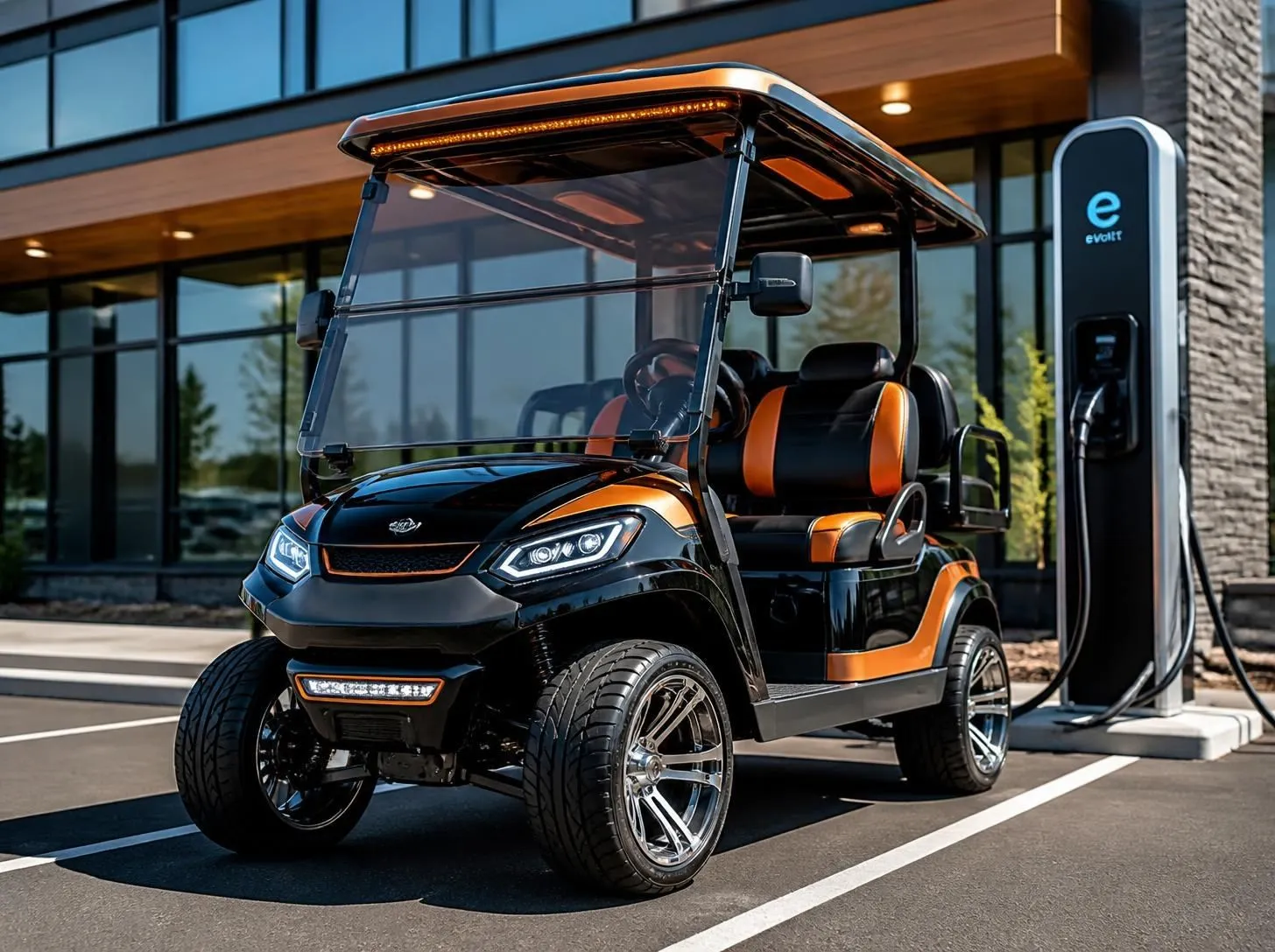 Custom lifted street-legal electric cart at an EV charging station