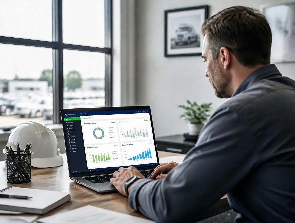 Dealer reviewing fleet dashboard analytics on a laptop at an office desk