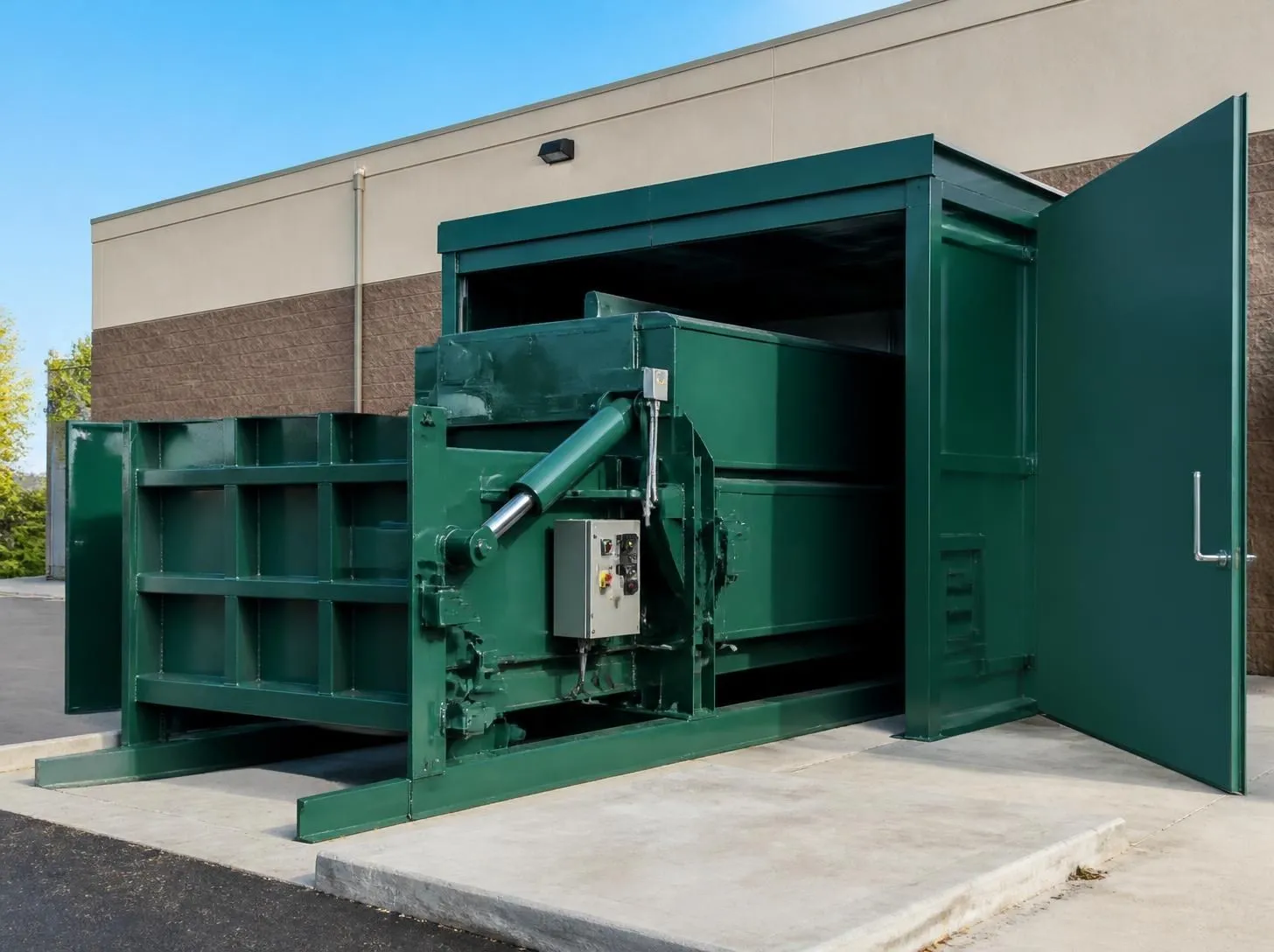 Stationary waste compactor and hydraulic container enclosure outside a commercial facility