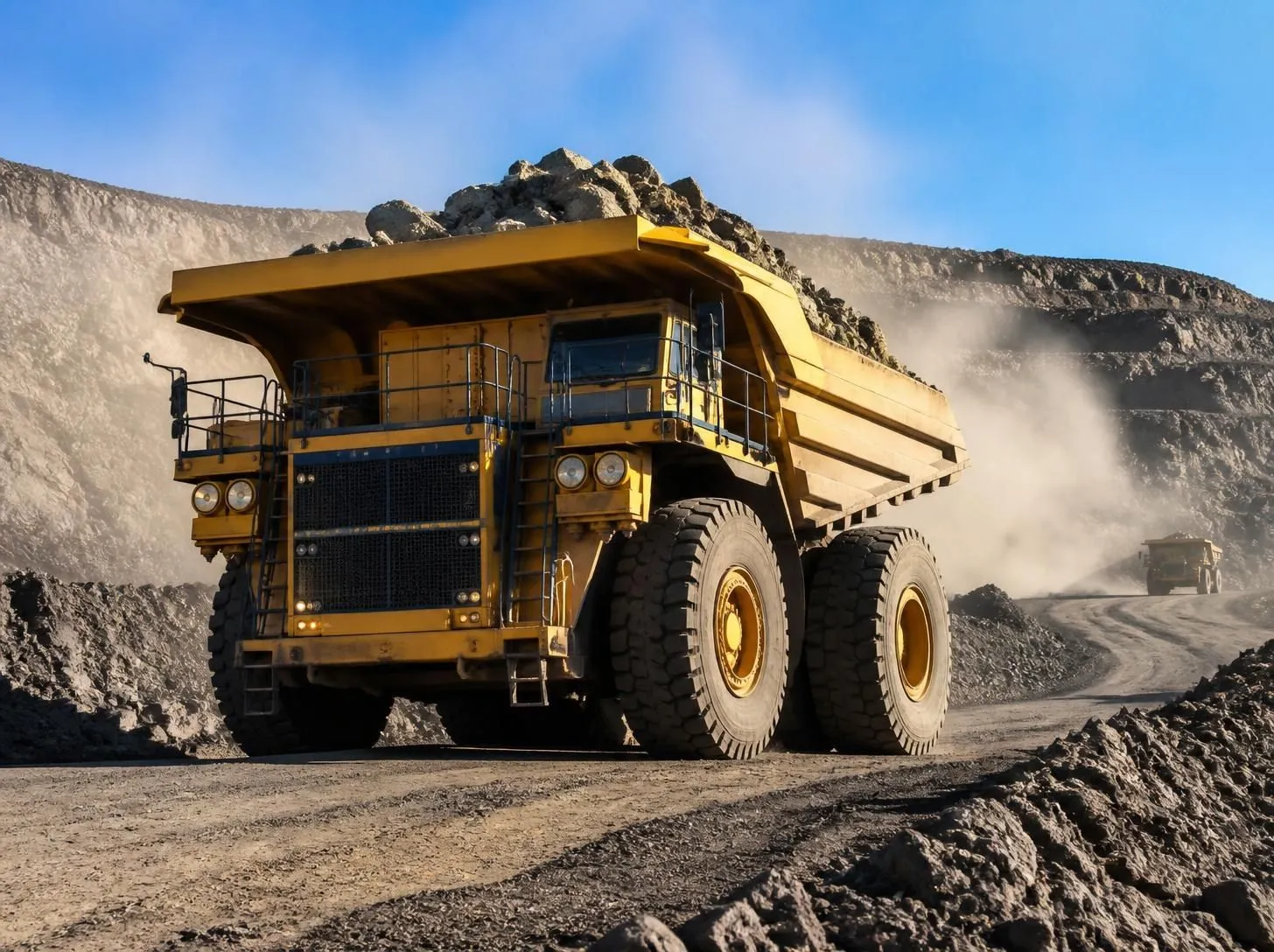 Ultra-class mining haul truck loaded with ore driving up an open-pit haul road
