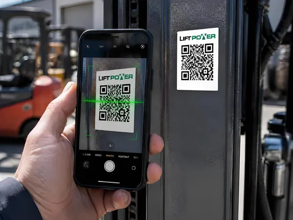 Technician scanning a QR asset tag on a forklift mast with a smartphone camera