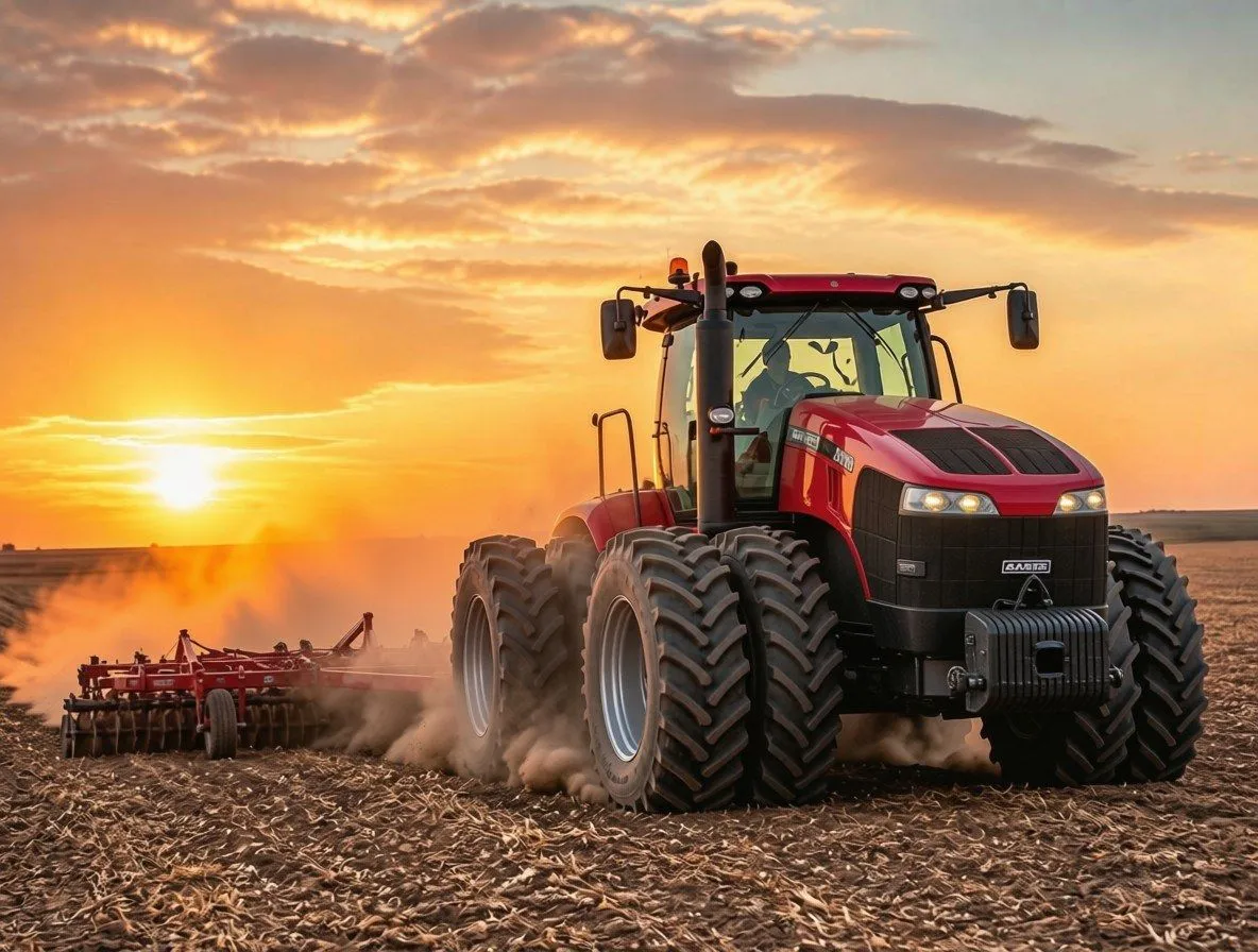 Tractor pulling tillage equipment through a field at sunset