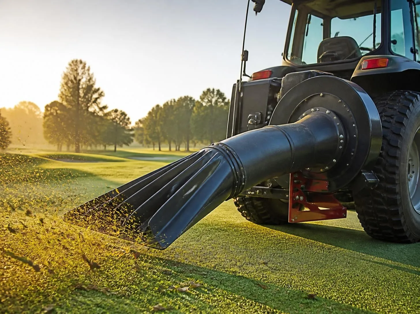 Tractor-mounted turbine debris blower clearing a golf course fairway