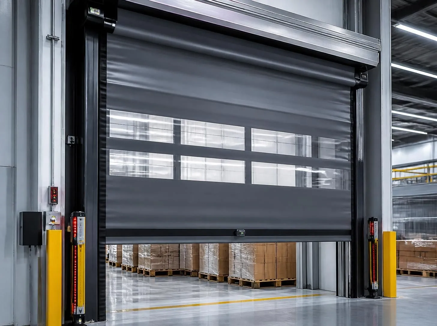 High-speed fabric roll-up door inside a distribution center