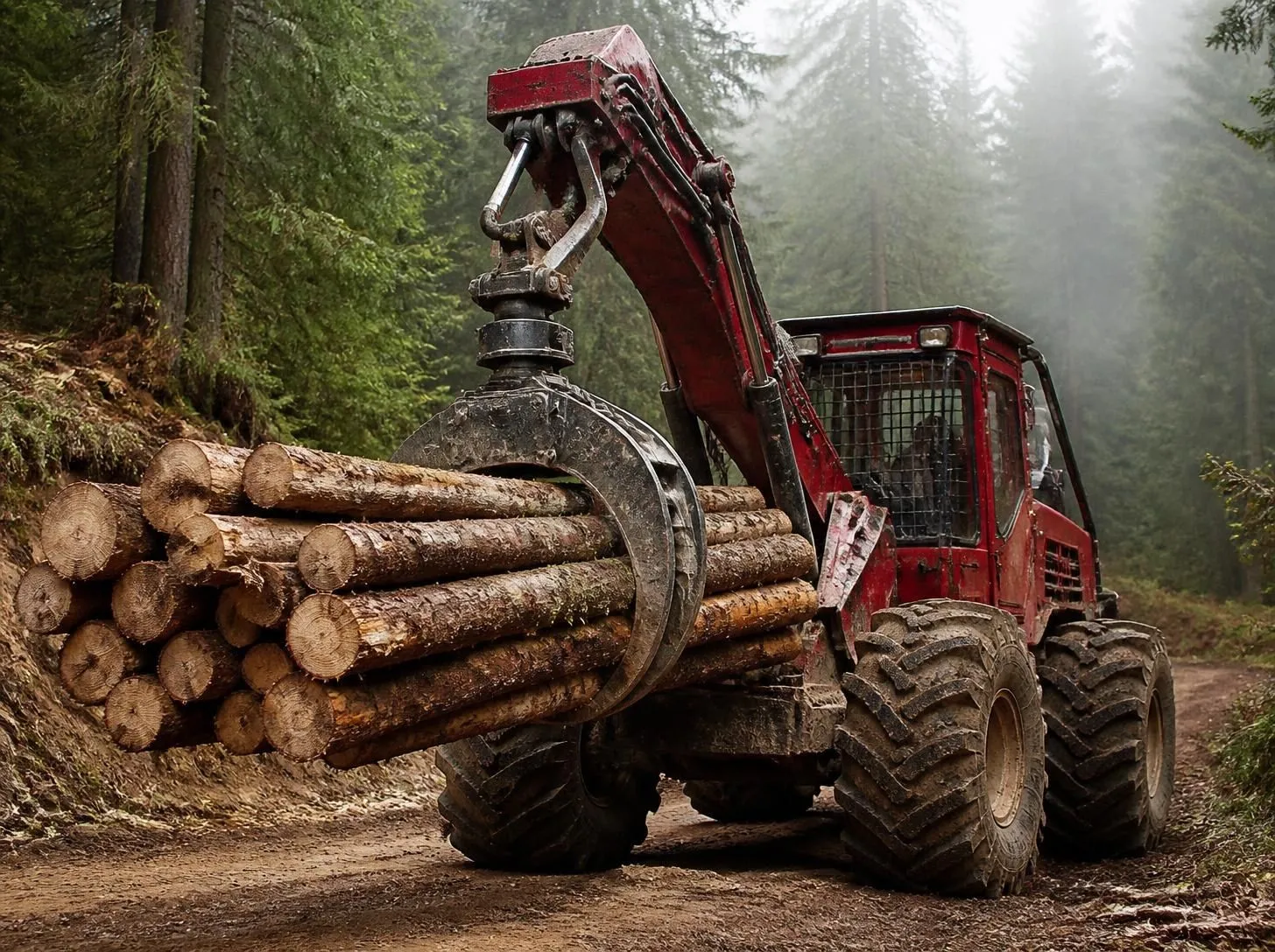 Grapple skidder hauling a bundle of logs down a forest trail