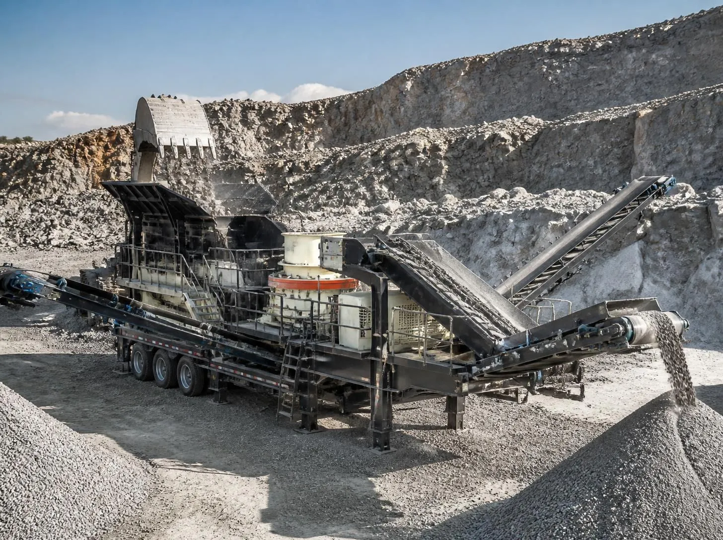 Mobile cone crusher and screening plant processing rock at a quarry site