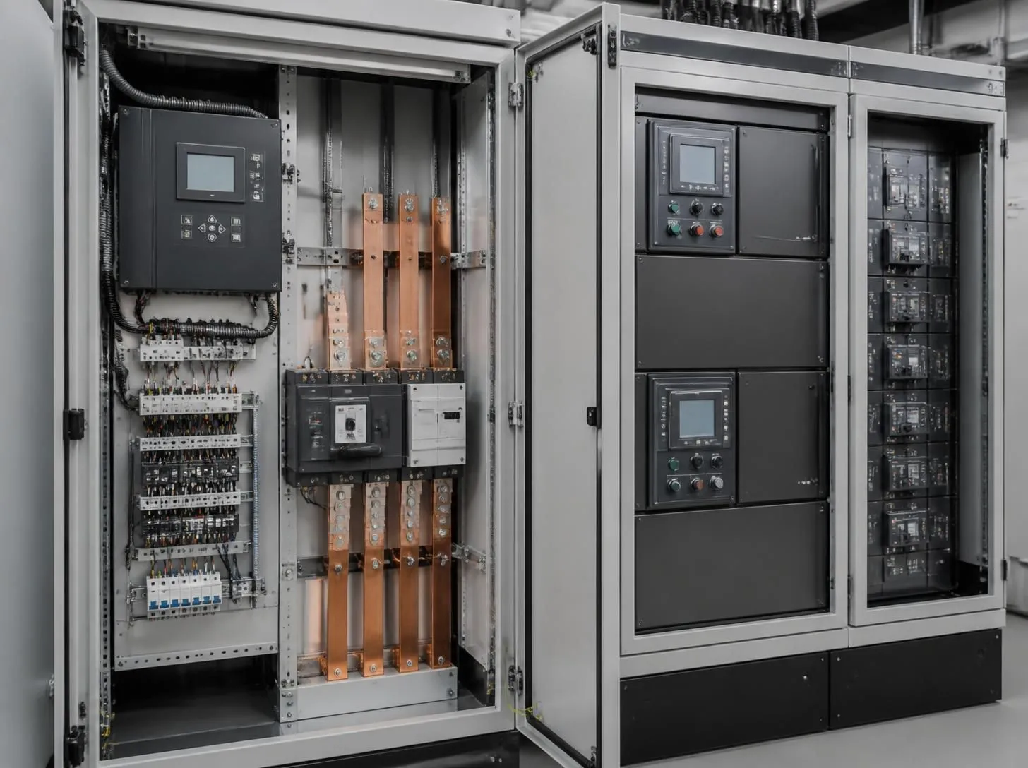 Open automatic transfer switch panel and paralleling switchgear cabinet with copper busbars