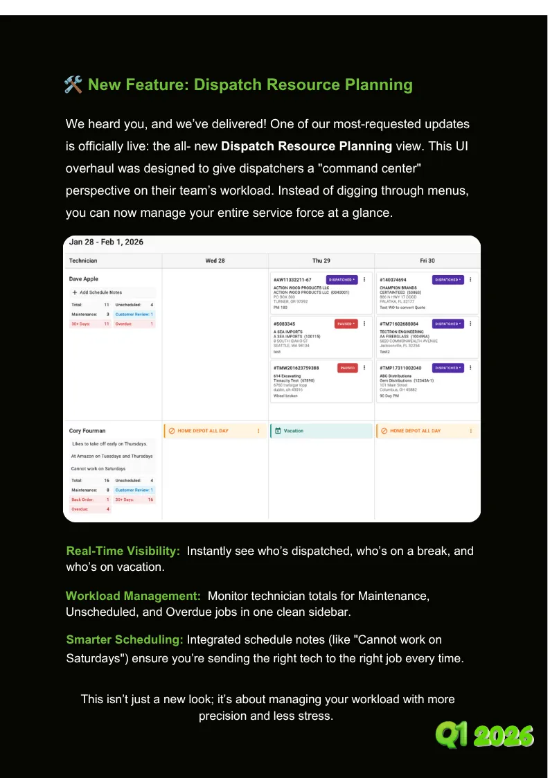 A page introducing Dispatch Resource Planning, with a screenshot of the dispatcher's week view