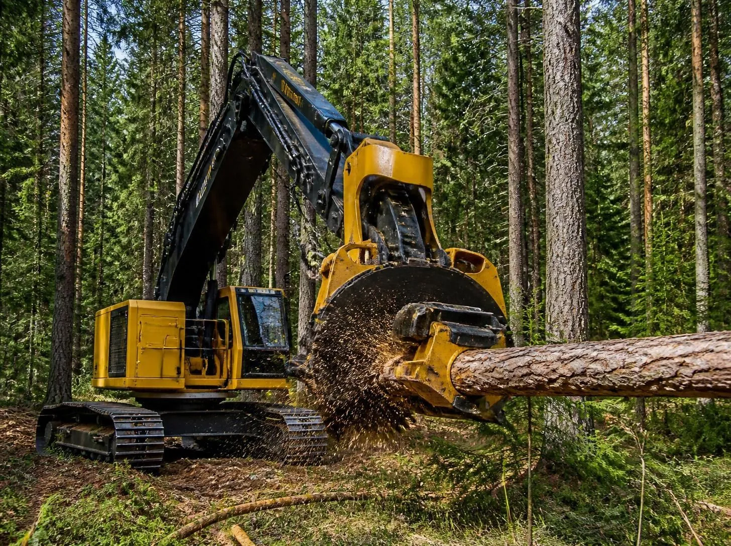 Tracked feller buncher cutting a tree trunk in a dense pine forest