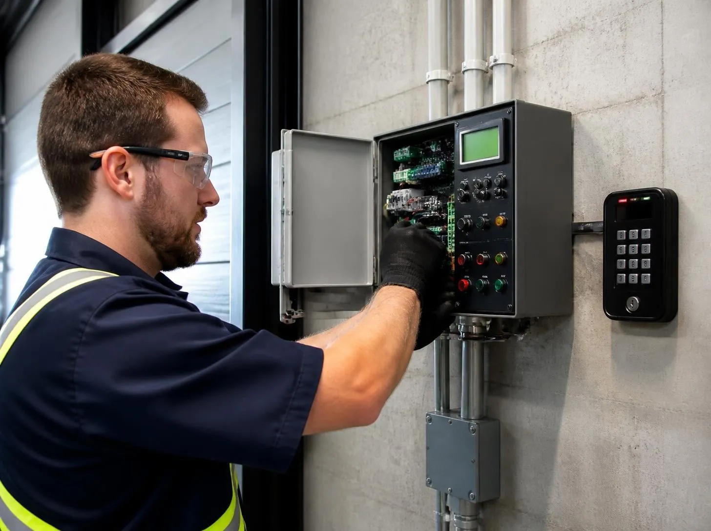 Technician servicing an industrial door master control panel and digital keypad