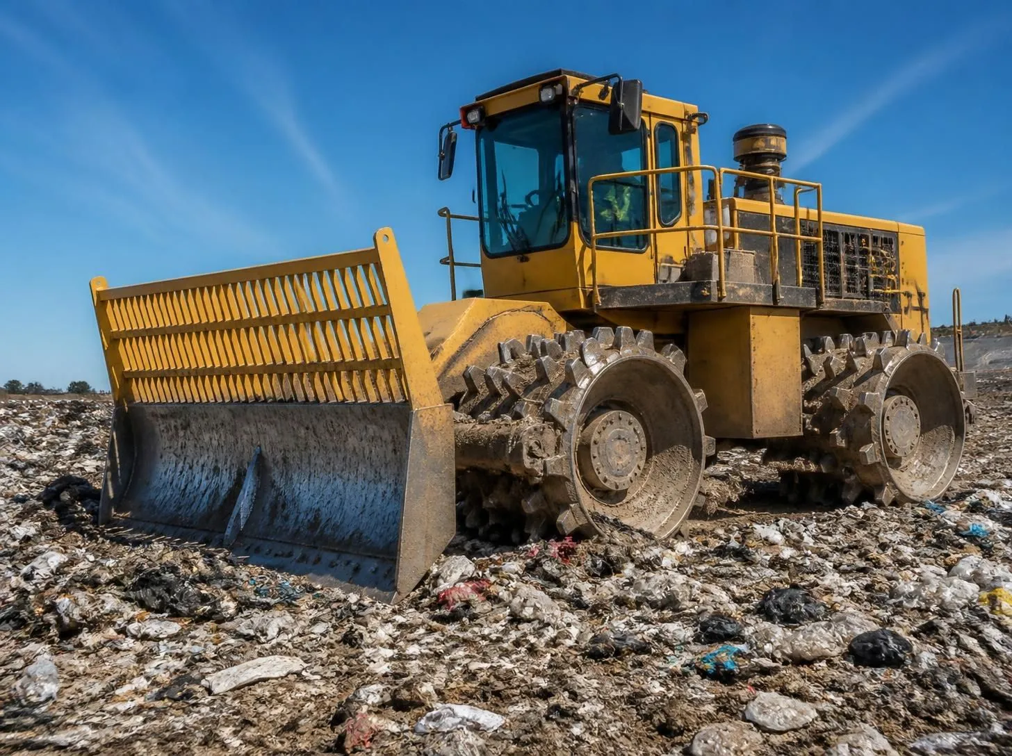 Landfill compactor with steel spiked wheels working on a managed landfill