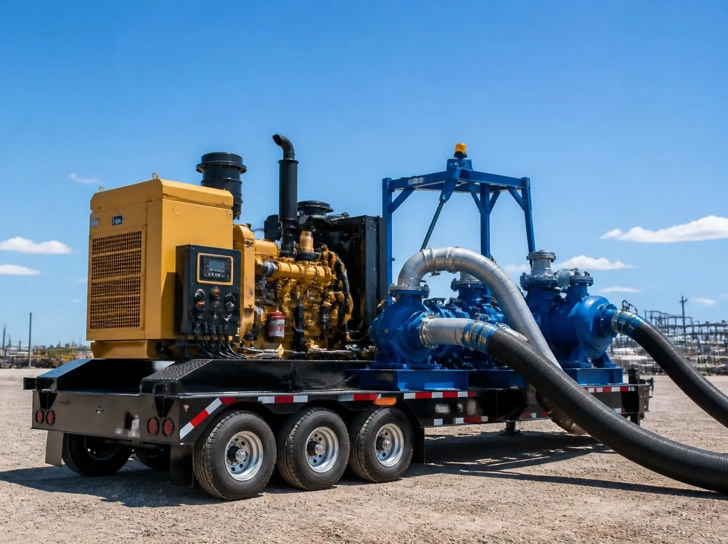 Trailer-mounted diesel generator and water transfer pump unit on a wellsite gravel pad