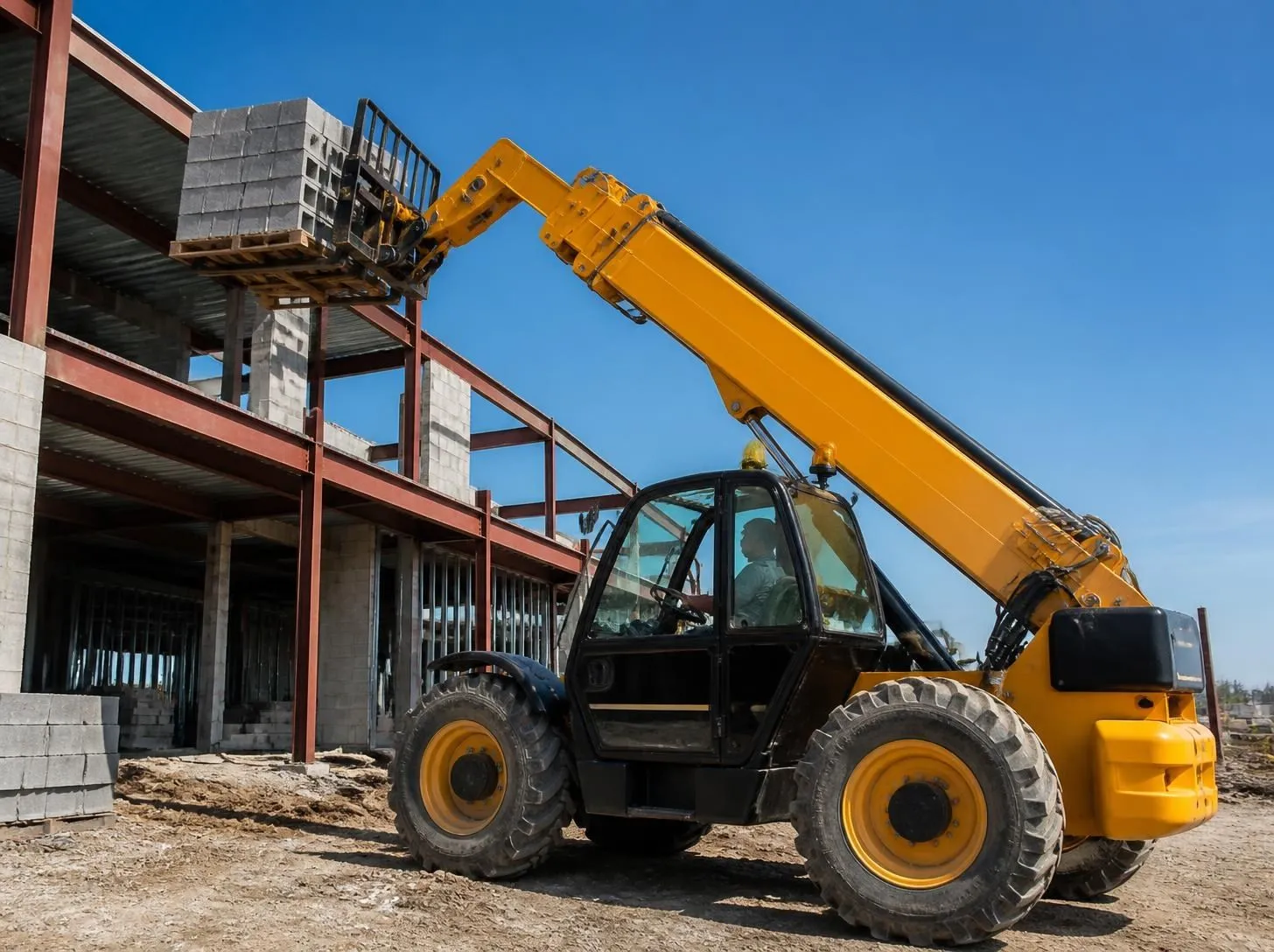 Rough-terrain telehandler lifting a pallet of cinder blocks onto a building's second floor
