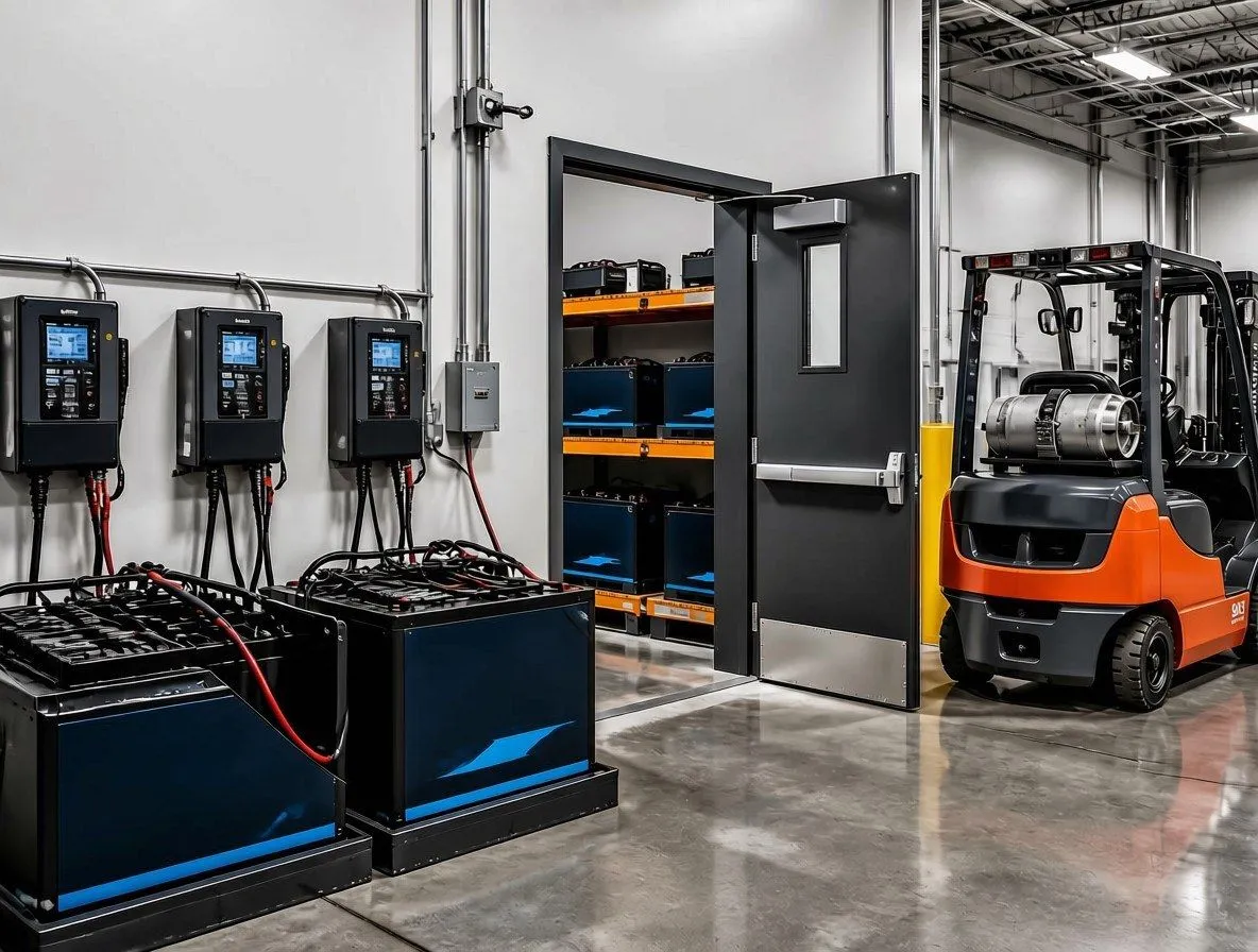 Industrial forklift batteries on charging stands
