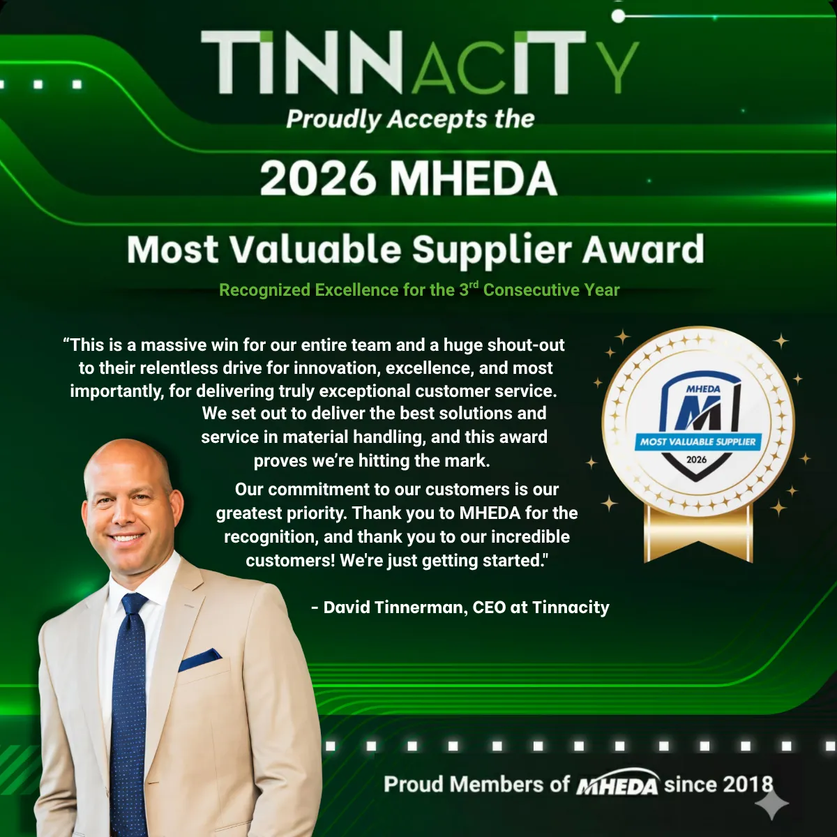 The award graphic: Tinnacity proudly accepts the 2026 MHEDA Most Valuable Supplier Award, with the MVS badge and a portrait of David Tinnerman
