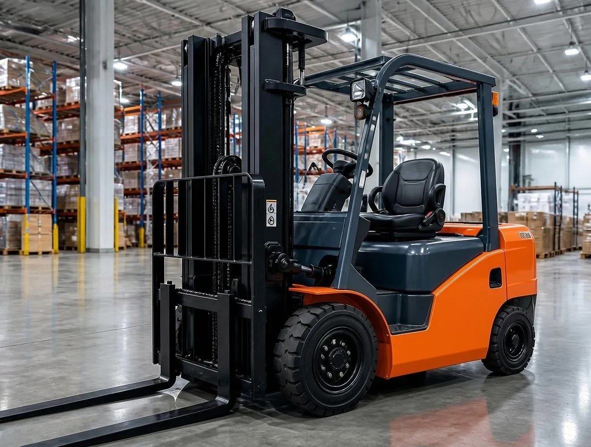 Sit-down forklift in a warehouse aisle
