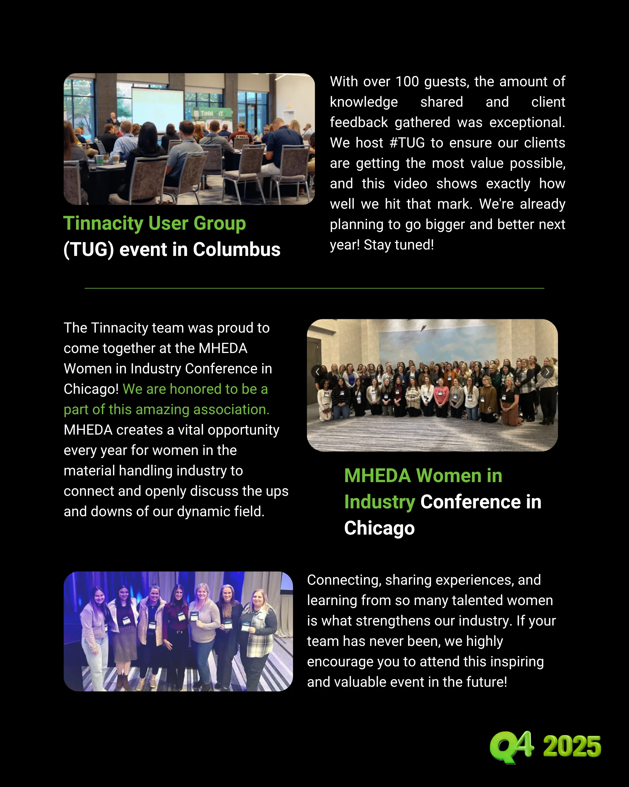 A page on the TUG event in Columbus and the MHEDA Women in Industry Conference in Chicago