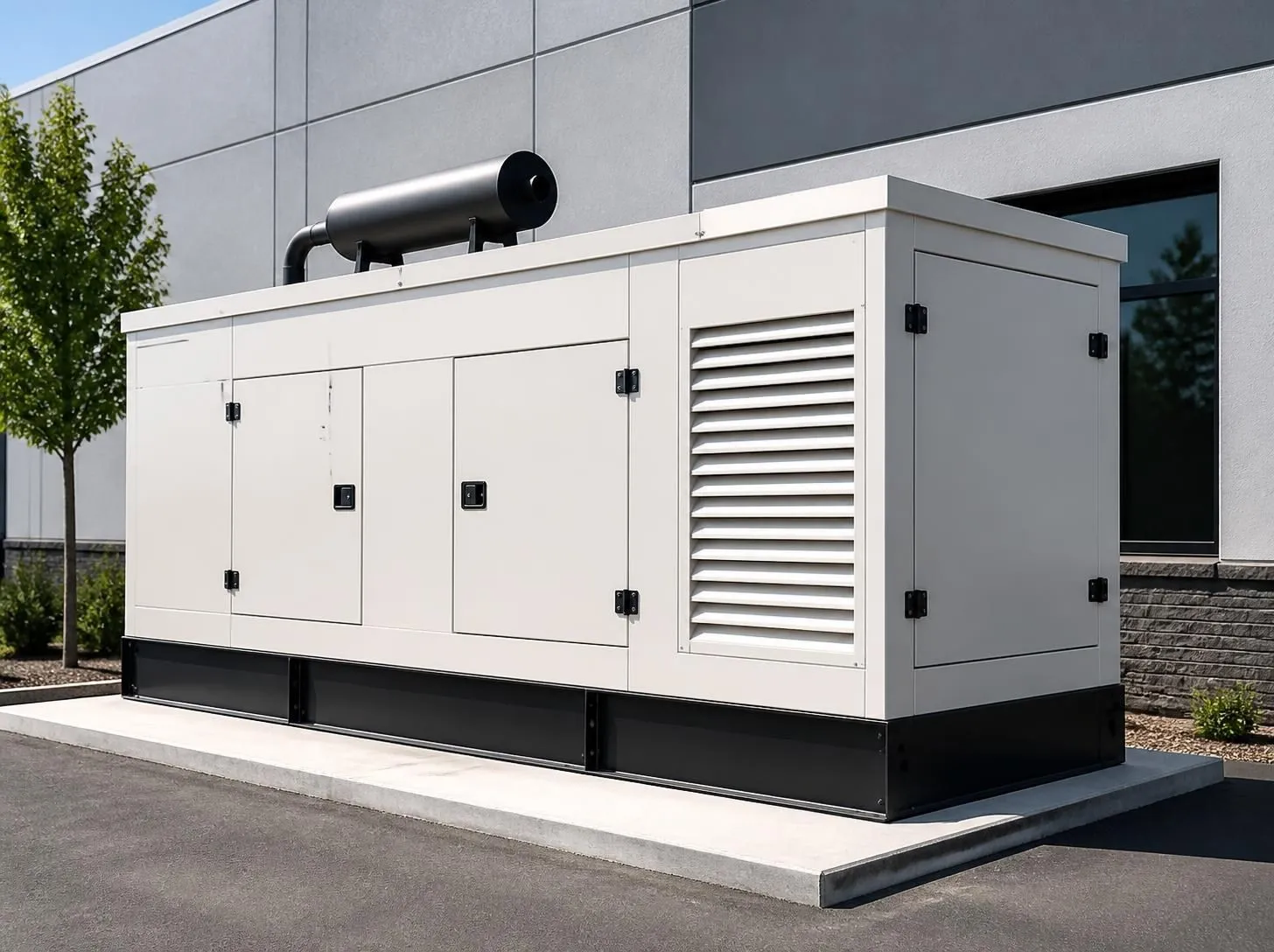 Industrial standby generator in a weather-protective canopy outside a commercial building