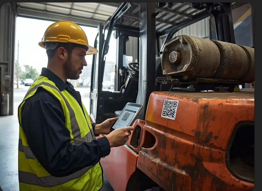 Technician scanning a QR asset tag on a forklift to check in equipment and trigger exception alerts