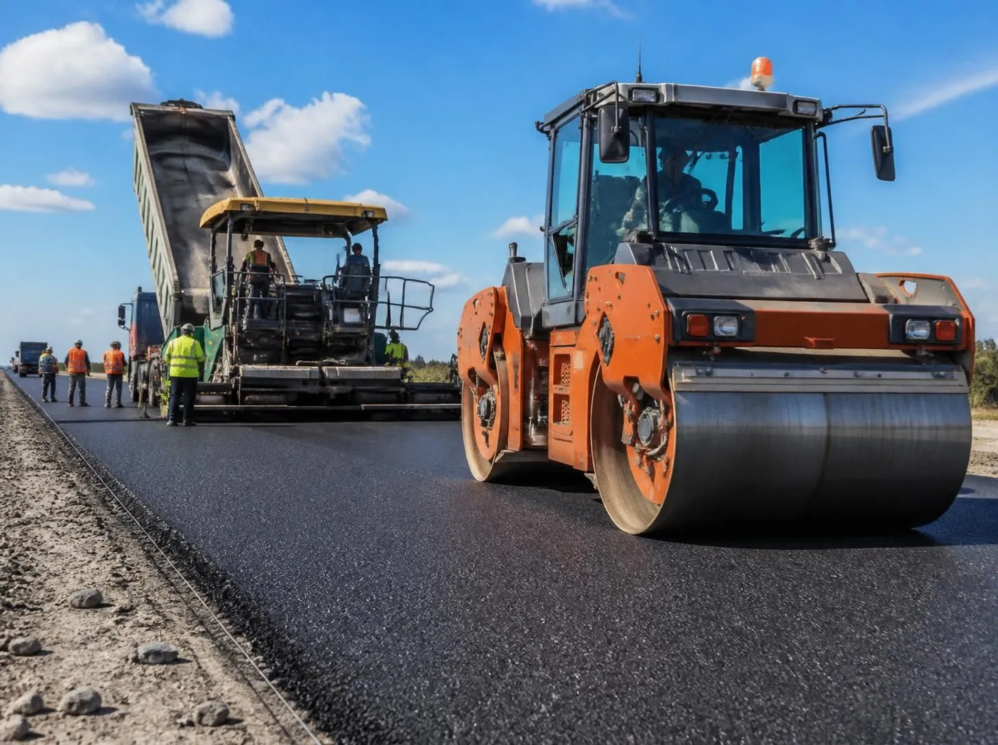 Asphalt paver and roller working on a road project