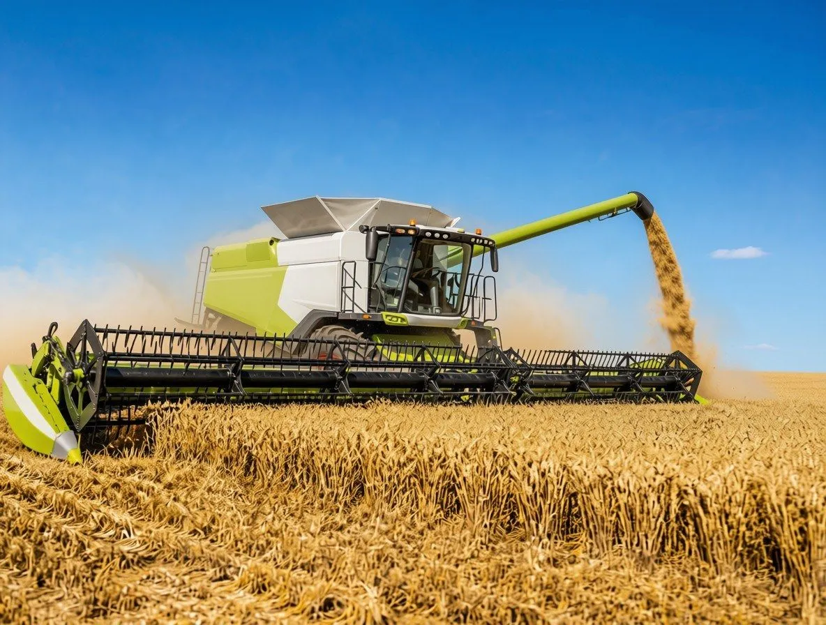 Combine harvesting wheat and unloading grain into the header
