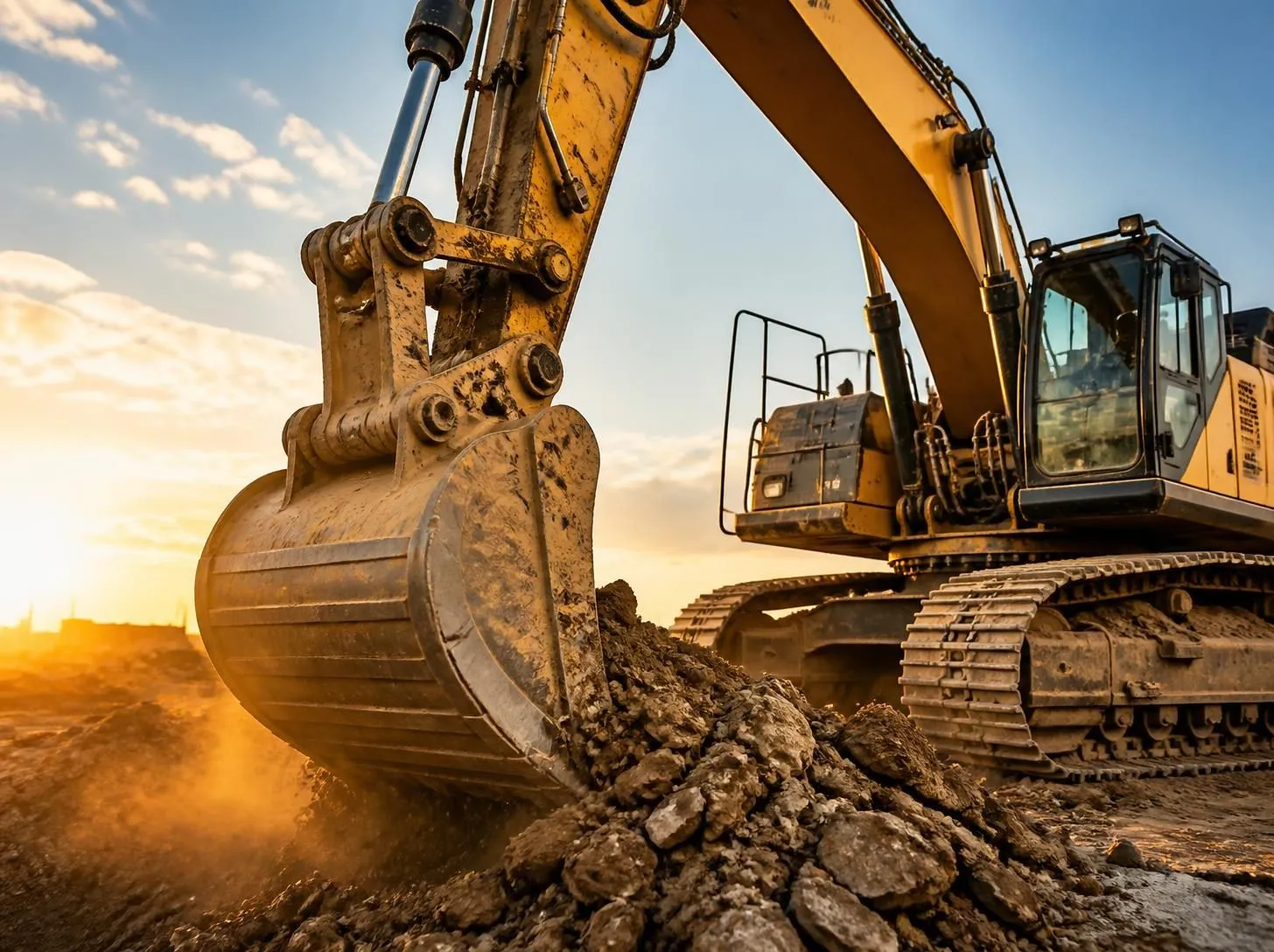 Heavy excavator digging on an active job site