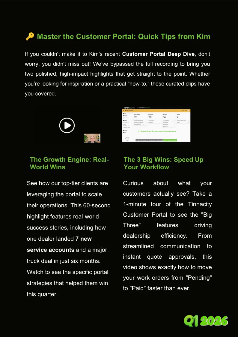 A page of Customer Portal tips, with two video highlights from Kim's deep dive
