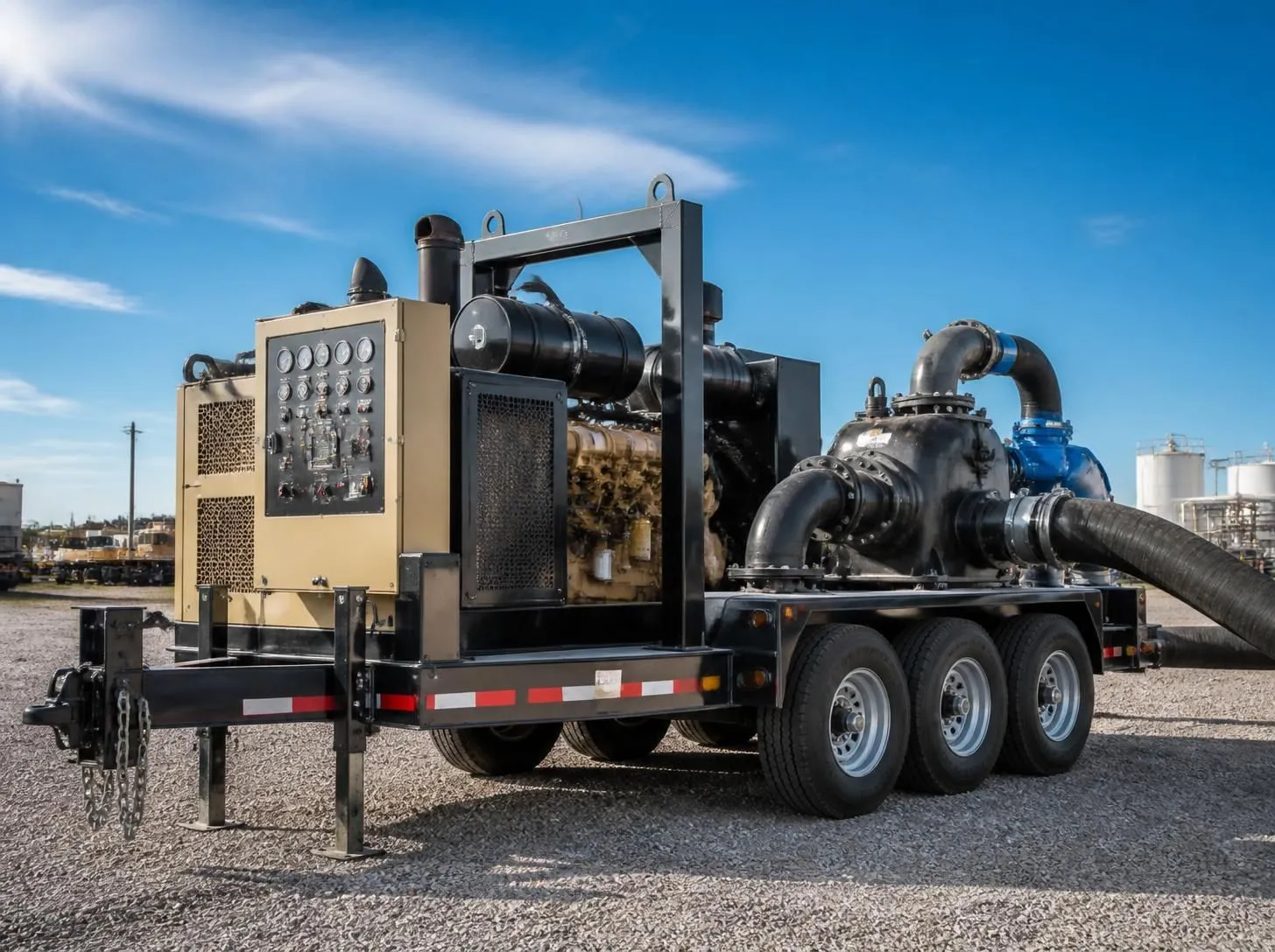 Trailer-mounted production water transfer pump skid at a facility