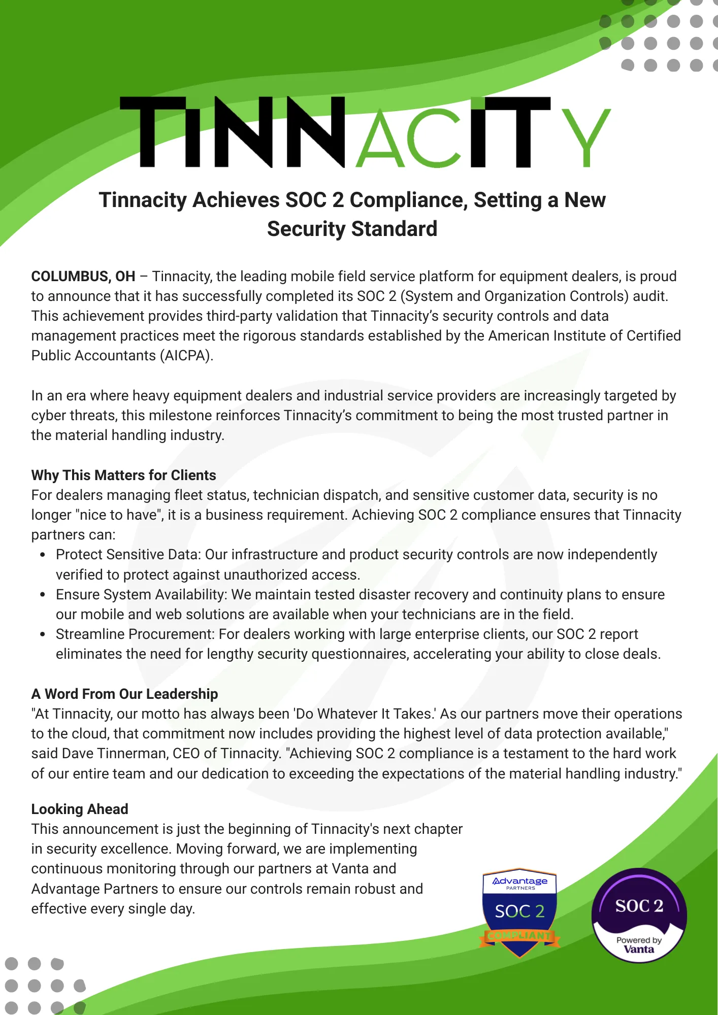 The announcement graphic: “Tinnacity Achieves SOC 2 Compliance, Setting a New Security Standard”, with the SOC 2 Compliant and Vanta badges