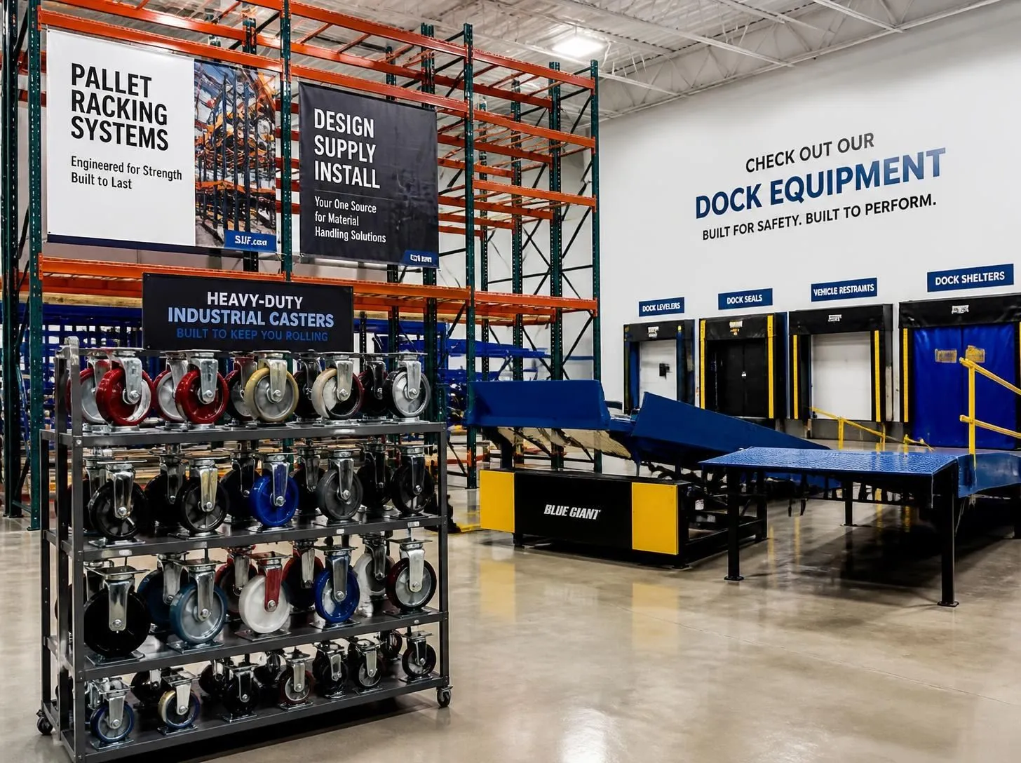 Pallet racking systems, industrial casters, and dock equipment on display in a warehouse showroom