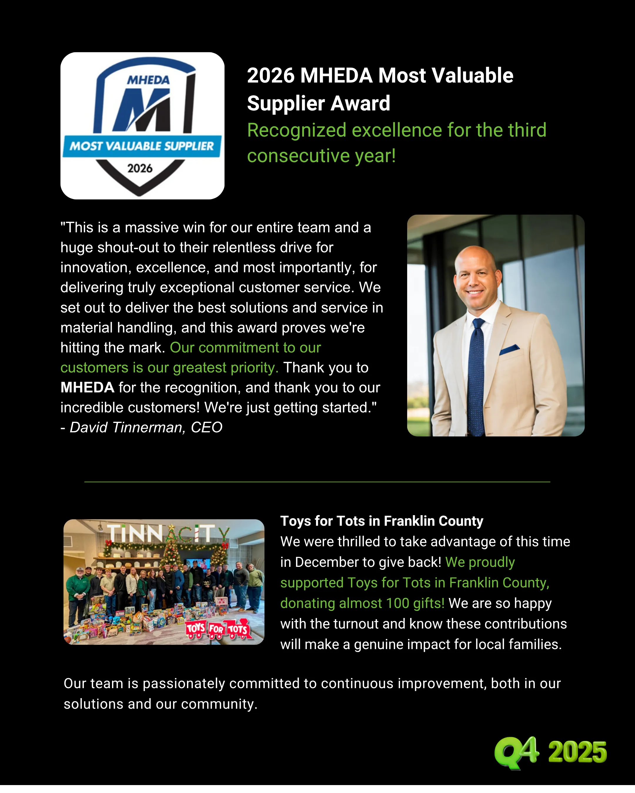 A page on the 2026 MHEDA Most Valuable Supplier Award and the Toys for Tots drive in Franklin County