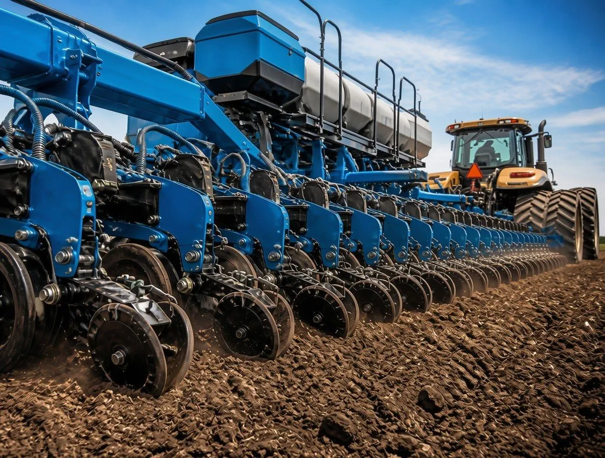 Row-crop planter pulled behind a tractor, planting a freshly worked field
