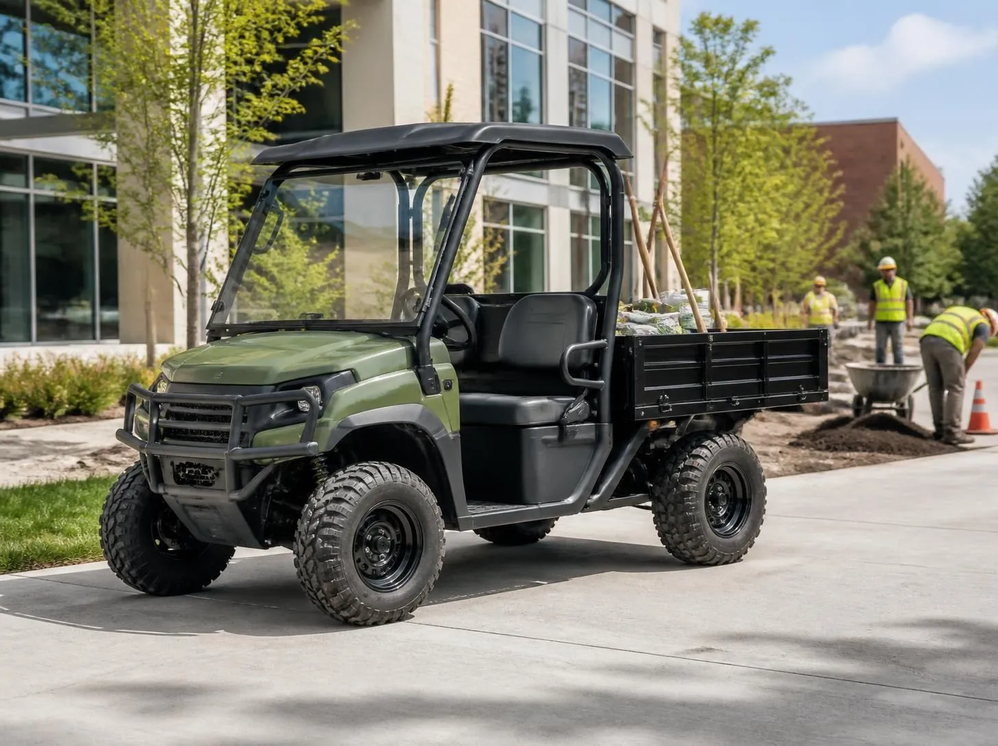 Heavy-duty utility cart with cargo bed on a worksite