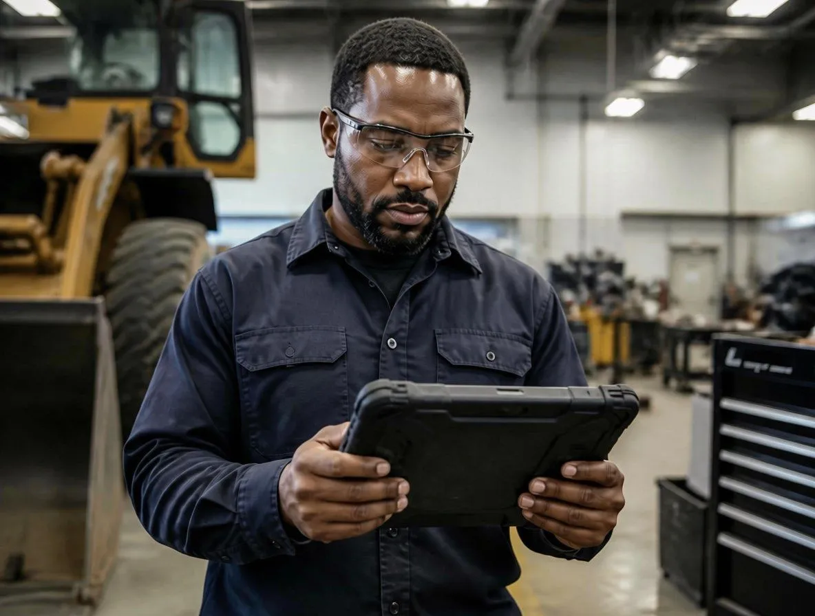 Field service technician reviewing a mobile work order on a rugged tablet with heavy equipment in the background