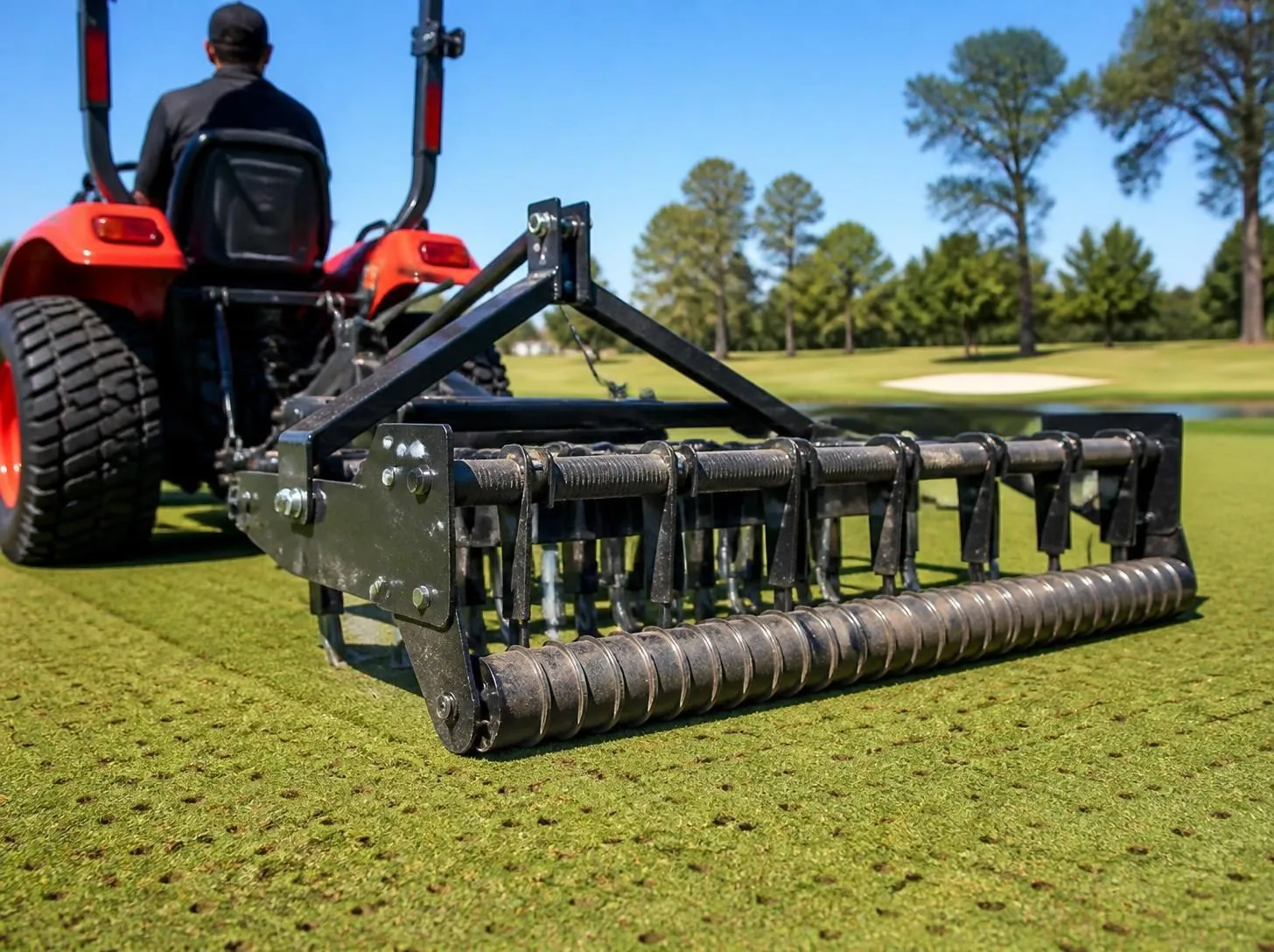 Compact tractor pulling a deep-tine turf aerator across a golf green