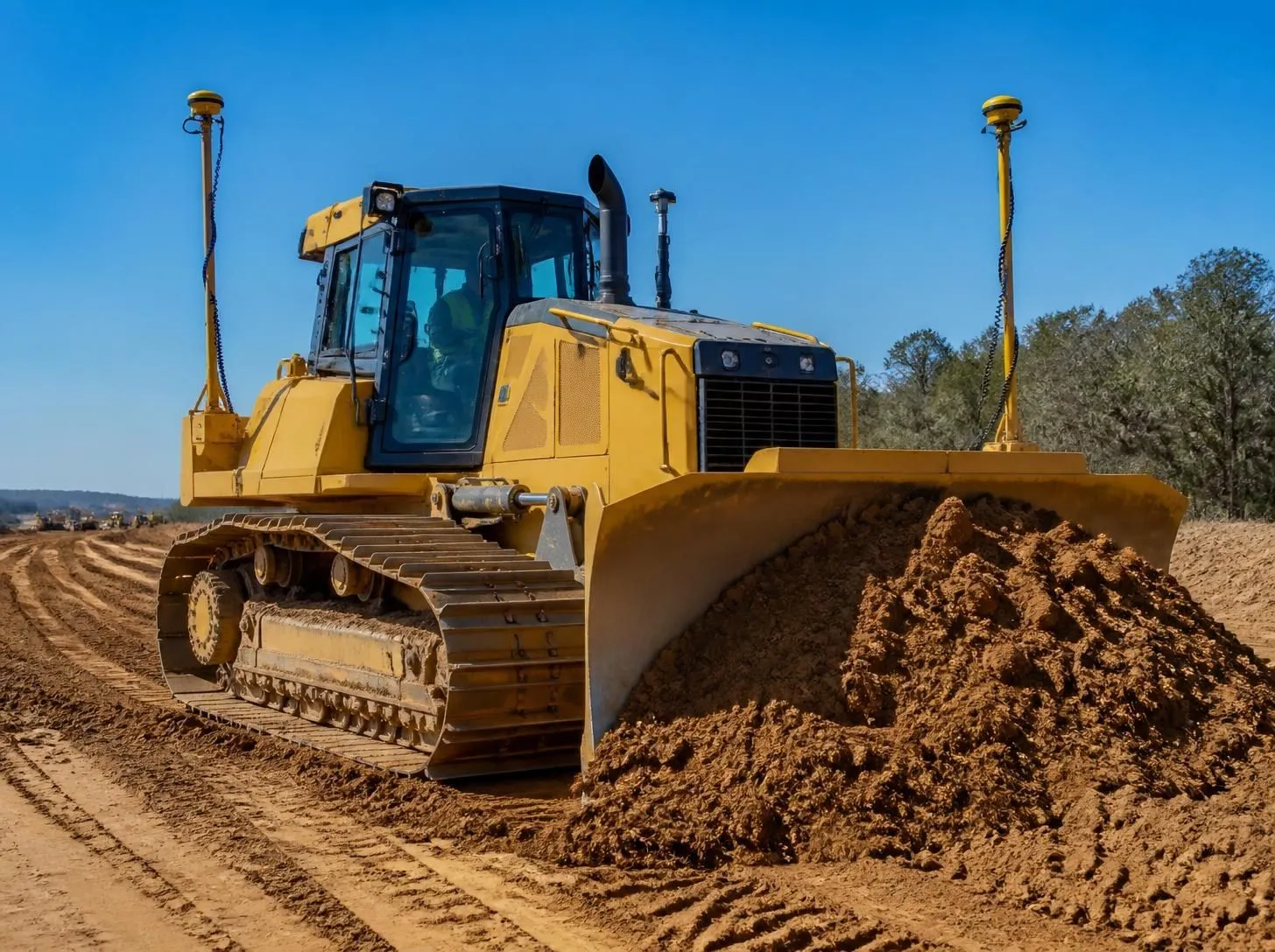 Crawler dozer with 3D GPS guidance antennas pushing earth on a grading project
